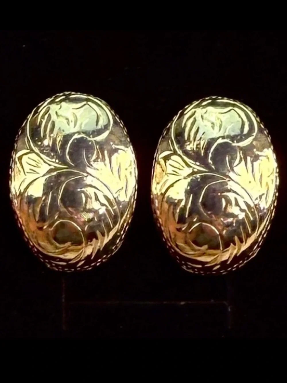 Vintage goldtone, etched puffed pierced earrings